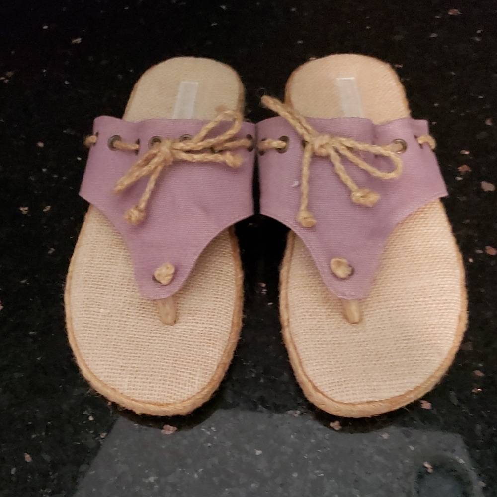 Laura Ashley Cottagecore Purple and Tan Sandals with Bow Detail